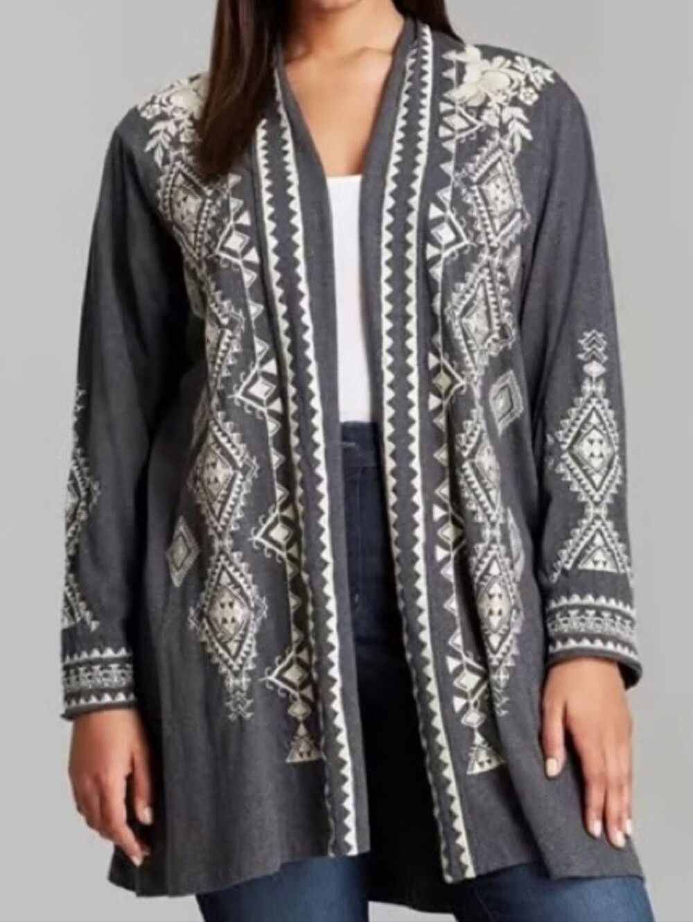 Johnny Was Tulia Grey Cardigan With Cream Embroidery Open-Front. Large